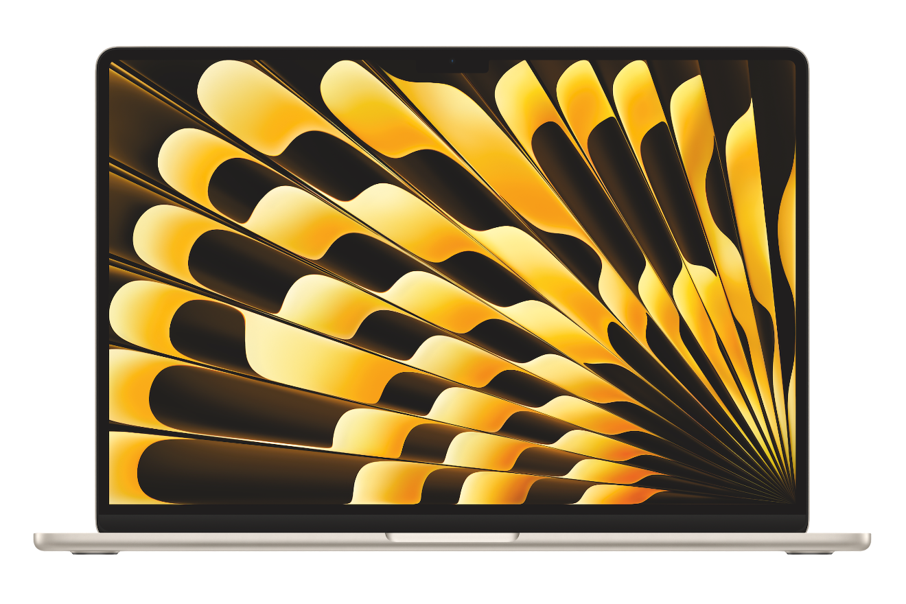 zlatý MacBook Air 15” s zlatočernou tapetou vhodný pro učitele, žáky i pedagogy do školy