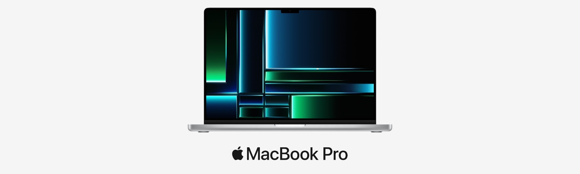 Dva stříbrné MacBook Pro 14 a 16 s fialovou a zelenou tapetou