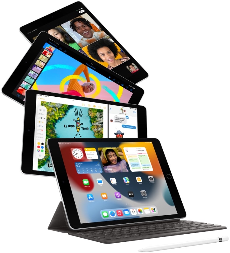 4 zapnuté černé iPady za sebou vhodné pro studium na základních, středních, vysokých školách